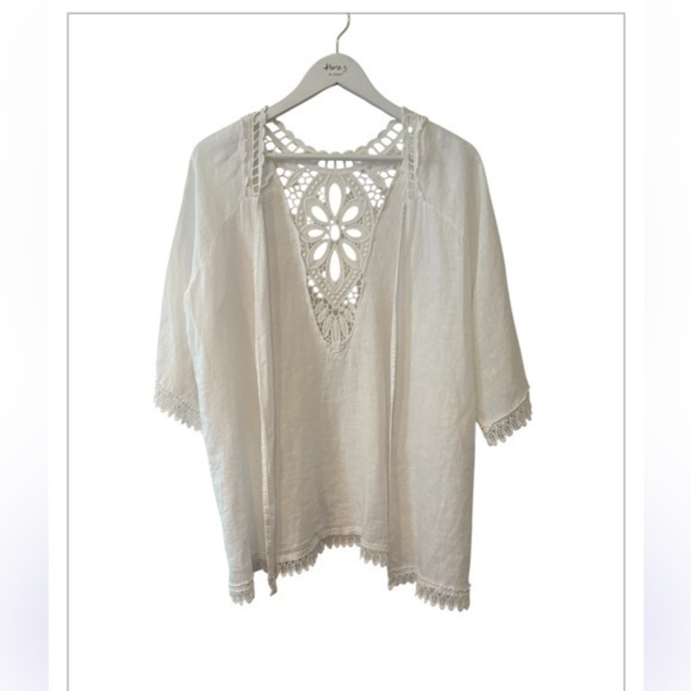 Made in Italy White 100% Summer Cottagecore Linen Open Cardigan O/S